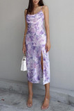 Purple Print Backless High Opening Spaghetti Strap Straight Dresses
