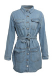 Blue Fashion Casual Solid Basic Turndown Collar Denim Dress
