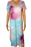Blue Casual Patchwork Tie-dye V Neck Straight Dresses