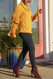 Yellow Casual Solid Patchwork Turtleneck Tops