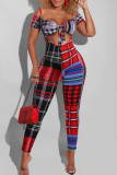Red Sexy Plaid Print Hollowed Out Patchwork Off the Shoulder Short Sleeve Two Pieces