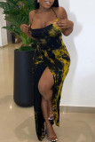 Yellow Fashion Sexy Print Backless Slit Halter Sleeveless Dress