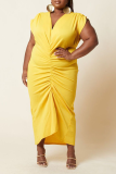 Yellow Casual Solid Patchwork V Neck Plus Size Dresses