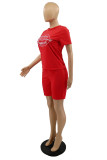 Red Fashion Casual Print Basic O Neck Short Sleeve Two Pieces