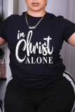 Black Casual Letter Print Patchwork O Neck T-Shirts