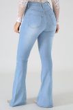 Blue Casual Patchwork Draw String Mid Waist Boot Cut Denim Jeans