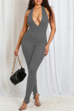 Grey Sexy Casual Solid Backless Halter Skinny Jumpsuits