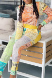 Orange Fashion Casual Irregular Print Patchwork Zipper O Neck Short Sleeve Two Pieces