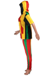 Multicolor Sportswear Striped Patchwork Hooded Collar Half Sleeve Two Pieces