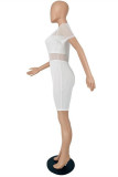 Light Blue Fashion Sexy Solid Hollowed Out See-through O Neck Short Sleeve Two Pieces