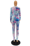 Fuchsia Fashion Casual Print Tie Dye Basic O Neck Long Sleeve Two Pieces