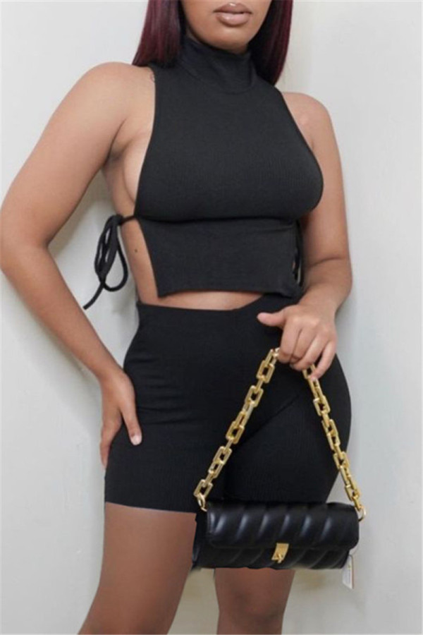 Black Fashion Casual Solid Strap Design Turtleneck Sleeveless Two Pieces