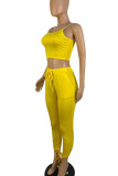 Yellow Sexy Solid Patchwork Draw String Spaghetti Strap Sleeveless Two Pieces