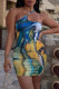 Blue Sexy Print Patchwork Backless Oblique Collar A Line Dresses