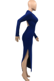 Blue Sexy Solid Backless O Neck Irregular Dress Dresses