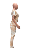 Orange Casual Patchwork Tie-dye O Neck Short Sleeve Two Pieces