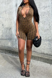 Khaki Fashion Casual Print Basic Zipper Collar Skinny Romper