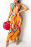 Purple Fashion Sexy Print Backless Halter Sleeveless Two Pieces