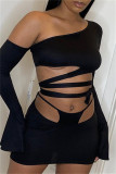 Green Fashion Sexy Solid Bandage Hollowed Out Oblique Collar Long Sleeve Two Pieces