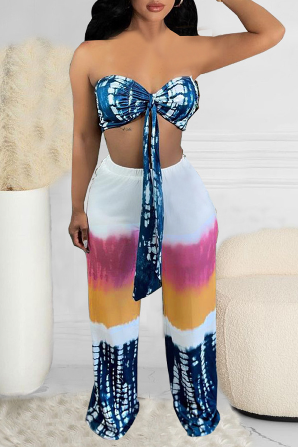 Blue Sexy Print Patchwork Strapless Sleeveless Two Pieces