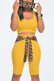 Orange Casual Leopard Bandage Split Joint U Neck Sleeveless Two Pieces（with a mask)