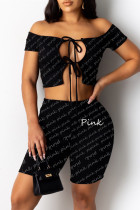 Black Sexy Casual Letter Print Hollowed Out Strap Design O Neck Short Sleeve Two Pieces