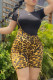 Yellow Fashion Casual Print Leopard Basic O Neck Short Sleeve Two Pieces