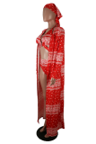 Red Sexy Print Hollowed Out Patchwork Swimwears