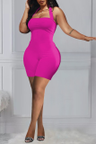 Rose Red Sexy Solid Patchwork Cold Shoulder Skinny Rompers