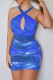 Blue Sexy Print Hollowed Out Halter Pencil Skirt Dresses