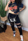 Black Fashion Casual Print Basic O Neck T-Shirts