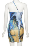 Blue Sexy Print Patchwork Backless Oblique Collar A Line Dresses