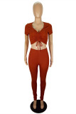 Tangerine Red Fashion Casual Solid Draw String V Neck Short Sleeve Two Pieces