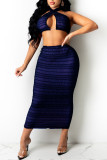Black Sexy Print Hollowed Out Patchwork Halter Pencil Skirt Plus Size Two Pieces