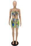 Green Sexy Print Patchwork Spaghetti Strap Sleeveless Two Pieces