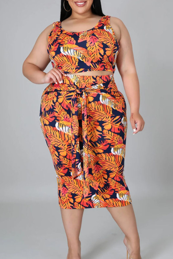 Orange Casual Print Bandage Patchwork O Neck Straight Plus Size Two Pieces