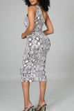 Leopard Print Sexy Print Bandage Hollowed Out Patchwork Oblique Collar Pencil Skirt Dresses