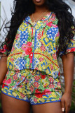 Pink Fashion Casual Print Basic Turndown Collar Short Sleeve Two Pieces