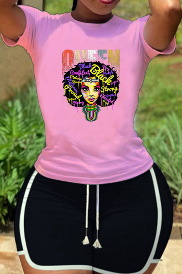 Pink Casual Print Patchwork O Neck Short Sleeve Two Pieces