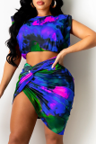 Rose Red Sexy Patchwork Tie-dye O Neck Sleeveless Two Pieces
