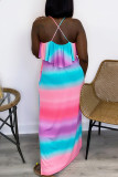 Pink Fashion Sexy Print Backless Slit Spaghetti Strap Sleeveless Dress
