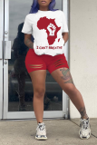 Red Casual Print Patchwork O Neck Short Sleeve Two Pieces