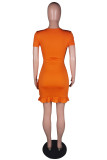 Orange Sexy Casual Solid Hollowed Out Frenulum V Neck Short Sleeve Dress