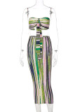 Green Sexy Striped Print Bandage Patchwork Strapless Sleeveless Two Pieces