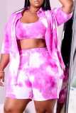Pink Casual Patchwork Tie-dye Turndown Collar Short Sleeve Two Pieces