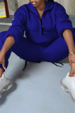 Deep Blue Fashion Casual Solid Zipper Turndown Collar Two Pieces