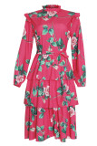 Pink Fashion Casual Plus Size Print Split Joint O Neck Long Sleeve Cake Dresses