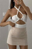 White Sexy Vacation Solid Patchwork Swimwears