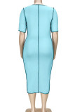 Light Blue Sexy Solid Hollowed Out Frenulum Contrast O Neck Sheath Plus Size Dresses