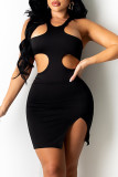 Black Sexy Solid Hollowed Out Asymmetrical Halter A Line Dresses